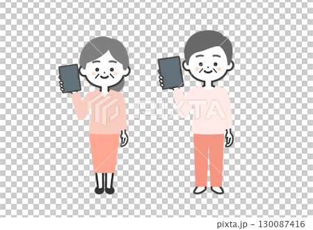 タブレットを持つ年配の3頭身男女イラスト 130087416