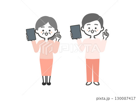 タブレットをもって指を立てる年配の3頭身男女イラスト 130087417