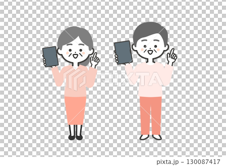 タブレットをもって指を立てる年配の3頭身男女イラスト 130087417