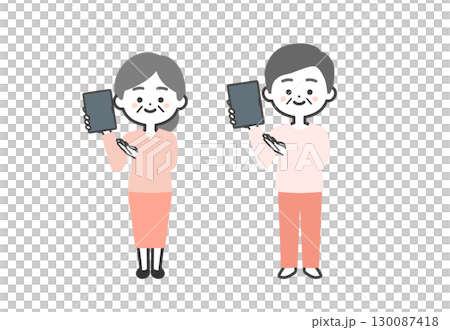 タブレットを持つ年配の3頭身男女イラスト 130087418