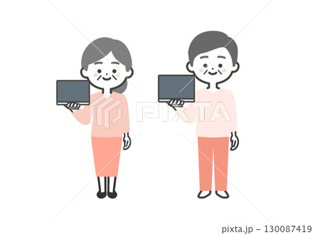 ノートパソコンを持つ年配の3頭身男女イラスト ノートパソコンを持つ年配の3頭身男女イラスト 130087419