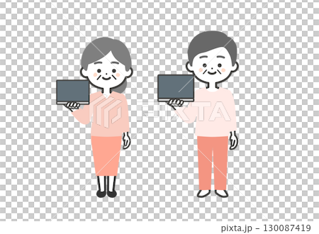 ノートパソコンを持つ年配の3頭身男女イラスト ノートパソコンを持つ年配の3頭身男女イラスト 130087419