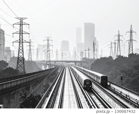 Train journey through a city landscape, with mountains visible in the background. The train is moving towards the city with high buildings Train journey through a city landscape, with mountains visible in the background. The train is moving towards the city with high buildings 130087432