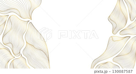 Vector line art leaves, golden plants on white background, luxury minimal summer print, floral abstract frame, branch banner. Organic boho sketch, vintage wedding design. 130087587