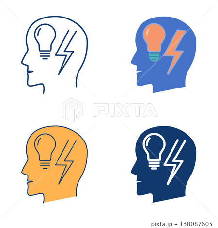 Head with lightning flat and line icon set 130087605