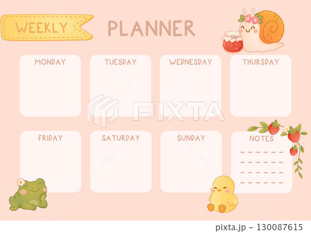 Weekly cute planner with snail, frog and duck Weekly cute planner with snail, frog and duck 130087615