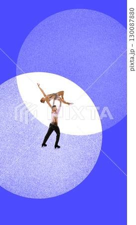 Digital collage art. Pair figure skaters performing dramatic overhead lift on icy stage 130087880