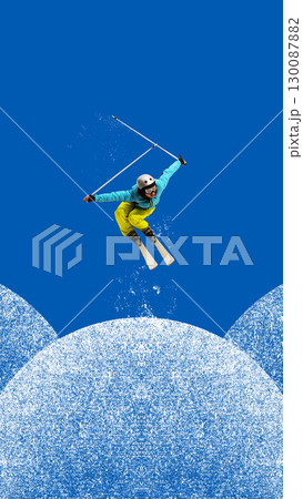 Colorful poster. Freestyle skier in yellow pants performing aerial trick with wide arms Colorful poster. Freestyle skier in yellow pants performing aerial trick with wide arms 130087882