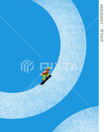 Creative digital artwork. Snowboarder sliding in curved icy track on bright blue background 130087894