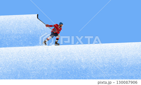 Ice hockey player skating in modern collage on snowy surface 130087906