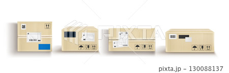 Cardboard box top view with shipping labels 130088137