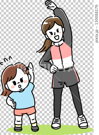 楽しく体操する娘とお母さん 130088276