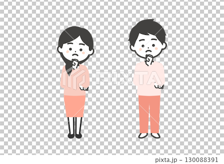 A three-dimensional illustration of a man and woman thinking with their fists on their chins 130088391