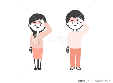 おでこを押さえる3頭身男女イラスト おでこを押さえる3頭身男女イラスト 130088397