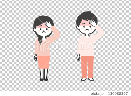 3-headed illustration of a man and woman holding their foreheads 3-headed illustration of a man and woman holding their foreheads 130088397