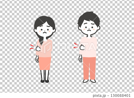 3-headed illustration of a man and woman holding their elbows 130088401