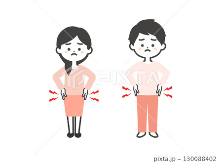 腰を押さえる3頭身男女イラスト 腰を押さえる3頭身男女イラスト 130088402