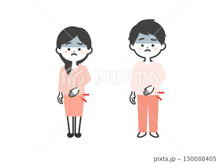 お腹を押さえる3頭身男女イラスト お腹を押さえる3頭身男女イラスト 130088405