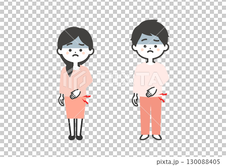 お腹を押さえる3頭身男女イラスト お腹を押さえる3頭身男女イラスト 130088405