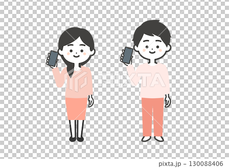 Three-headed illustration of a man and woman holding a smartphone Three-headed illustration of a man and woman holding a smartphone 130088406