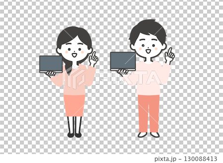 一幅三頭插圖，一男一女拿著筆記型電腦，指著上方 130088413