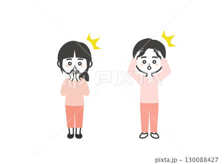 口に手を当てて驚く3頭身の子供たちイラスト 130088427