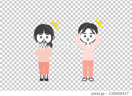 口に手を当てて驚く3頭身の子供たちイラスト 130088427