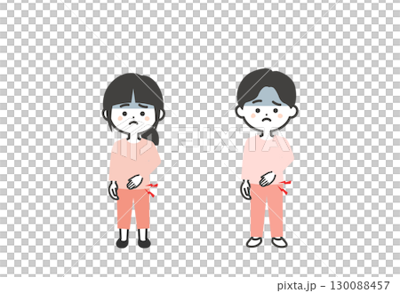お腹を押さえる3頭身の子供たちイラスト お腹を押さえる3頭身の子供たちイラスト 130088457