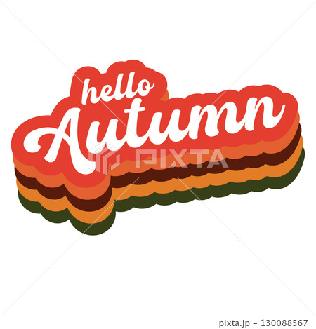 Groovy Hello Autumn vector text isolated on transparent background. POP art Hello autumn rainbow label, icon, print, banner design template with cartoon text, summer vibe 130088567