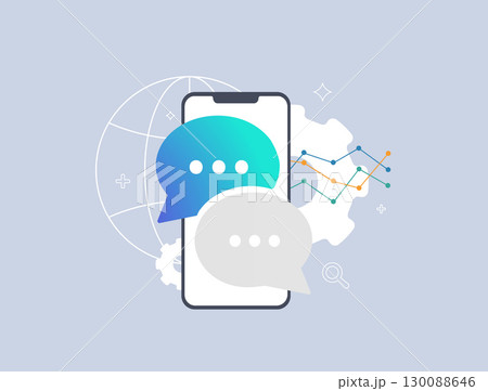 Chat powers mobile customer support with analytics on smartphone. Chatbot messaging and helpdesk service meet automation and global reach. Vector illustration for websites, apps and presentations 130088646