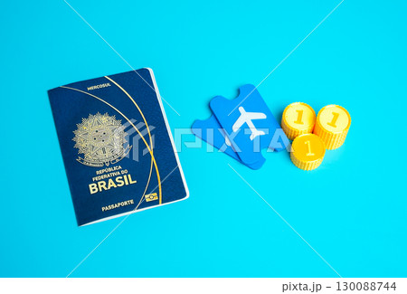 Brazilian passport and plane tickets. Travel and flights around the world. Visa-free regime. Ticket booking, international tourism and border crossing freedom 130088744