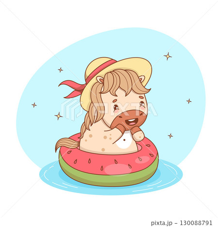 Cute Summer Lucky Horse In Hat Swimming On Inflatable Watermelon Ring In Sea. Funny Animal cartoon Pony kawaii beach character vacation. Vector illustration. Not AI 130088791