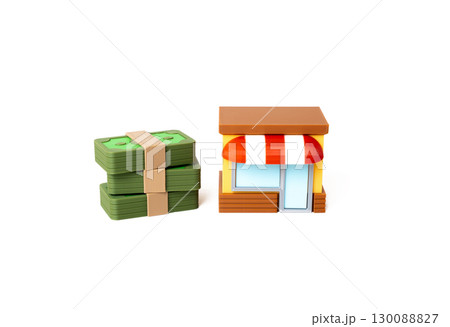 Business store and stacks of money. Profit from business. Invest in the store. Retail growth, entrepreneurship, cash flow, commercial success Business store and stacks of money. Profit from business. Invest in the store. Retail growth, entrepreneurship, cash flow, commercial success 130088827