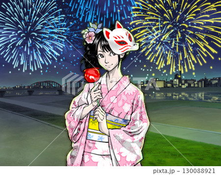 花火を見る浴衣の女性 130088921