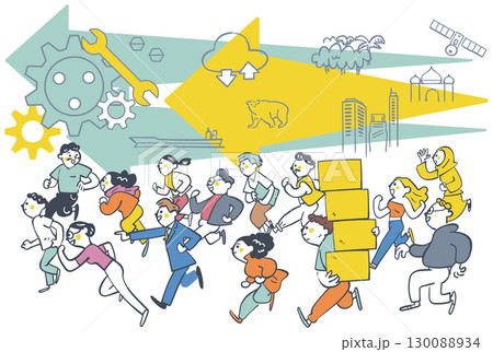 世界をめぐるグローバル人材と世界、産業,社会課題 ストックイラスト素材 世界をめぐるグローバル人材と世界、産業,社会課題 ストックイラスト素材 130088934
