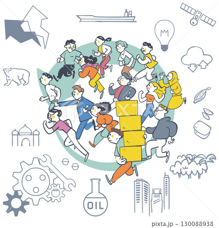 世界をめぐるグローバル人材と世界、産業,社会課題 ストックイラスト素材 世界をめぐるグローバル人材と世界、産業,社会課題 ストックイラスト素材 130088938