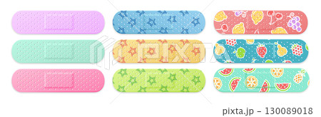 Realistic Detailed 3d Colored Kid Aid Band Plaster Medical Patch Set with Print. Vector 130089018