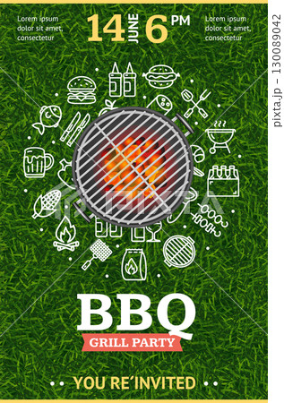 Bbq Party Invitation Concept with Barbecue Grill on Vibrant Green Grass. Vector 130089042