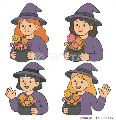 Coloring book coloring page features four cheerful witches holding cauldrons with candy Coloring book coloring page features four cheerful witches holding cauldrons with candy 130089135