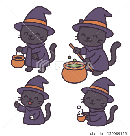 Coloring book coloring page transparency cute black cat witch costume magic 130089136