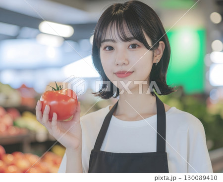朝市で働く店員、新鮮な野菜と笑顔 朝市で働く店員、新鮮な野菜と笑顔 130089410