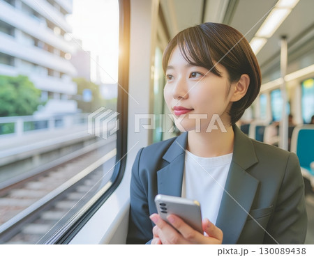 通勤電車で窓の外を眺める穏やかな女性 通勤電車で窓の外を眺める穏やかな女性 130089438