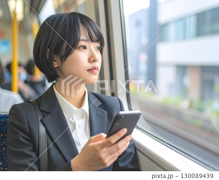 日中の電車内、スマホを操作する女性 日中の電車内、スマホを操作する女性 130089439