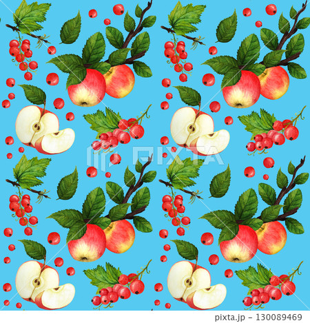 Red ripe apple and currant berries with lush green leaves, watercolor seamless pattern on blue background. Bright berries and apples watercolor seamless pattern for design of textile, juice, jam Red ripe apple and currant berries with lush green leaves, watercolor seamless pattern on blue background. Bright berries and apples watercolor seamless pattern for design of textile, juice, jam 130089469