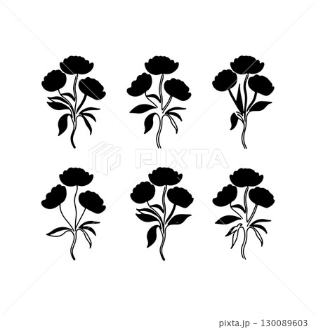 Bold floral silhouettes arranged in a six-panel layout on a white background showcasing the elegance of botanical design 130089603