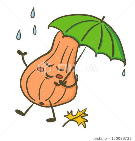 Cute hand drawn pumpkin character holding umbrella under raindrops Cute hand drawn pumpkin character holding umbrella under raindrops 130089725