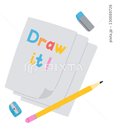Notebook with Draw it text, pencil, erasers and sharpener in flat style 130089726
