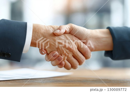 Close-up of young and elderly hands in handshake gesture. Concept of support, unity, and shared values in business. 130089772