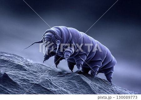 Tiny water bear highlights science and education themes. Tardigrade under microscope shows detailed structure. Ideal for biology or research visuals. 130089773