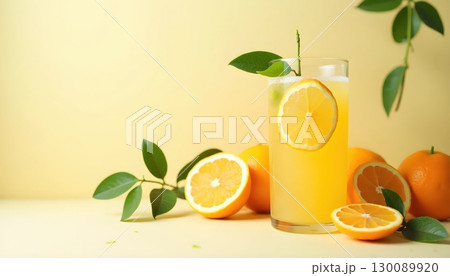 Refreshing Citrus Drink with Fresh Oranges and Elegant Minimal Background 130089920